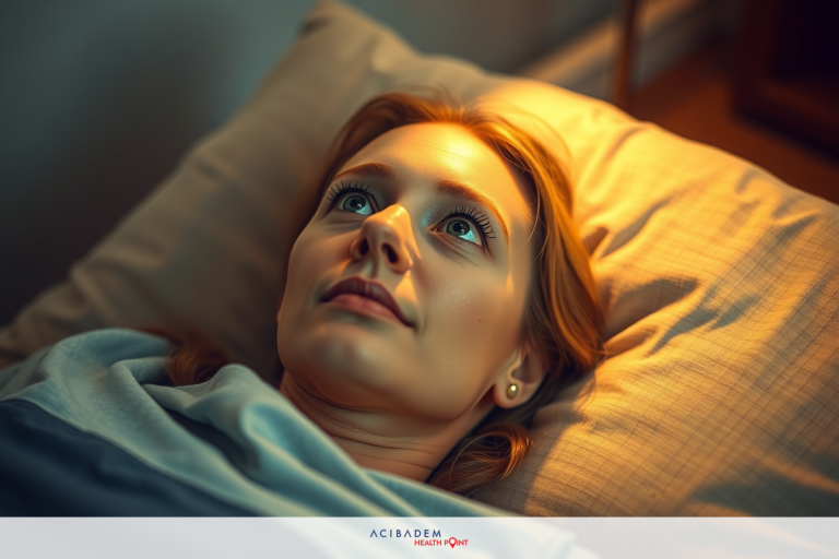 How Fast Is Laser Eye Surgery A woman lying in bed with a thoughtful expression, looking up at the ceiling. The room is dimly lit, suggesting it might be late at night or early morning.