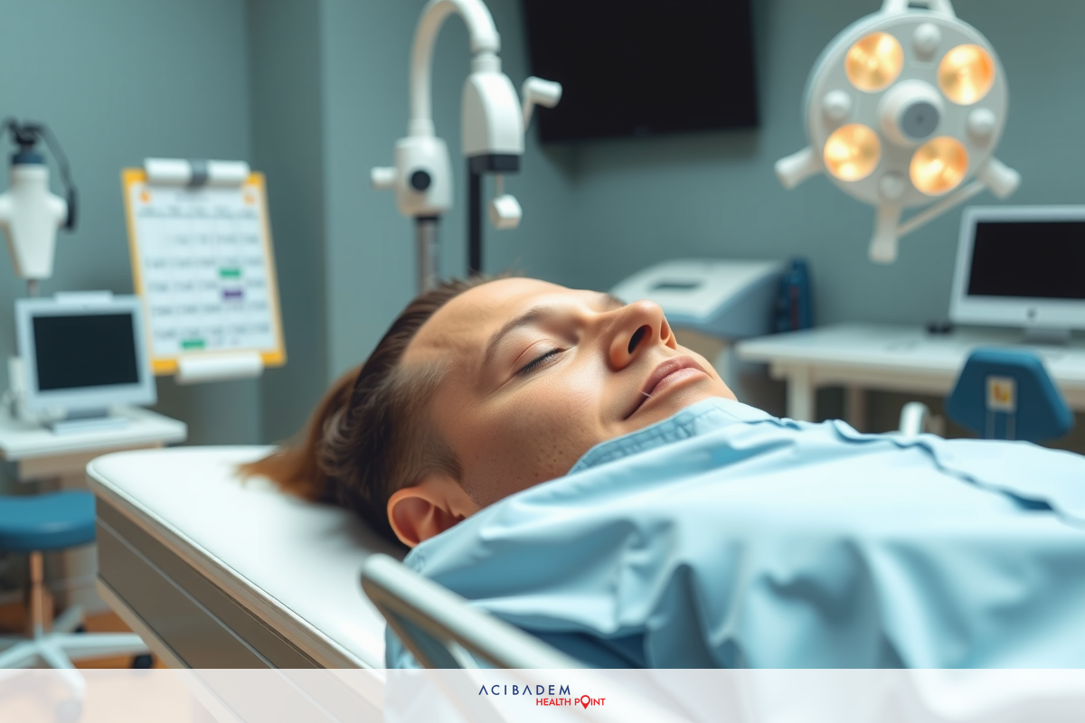 The image shows a person lying down on an operating table in what appears to be a medical or surgical setting. The individual is covered with a blue sheet and their head is slightly raised.