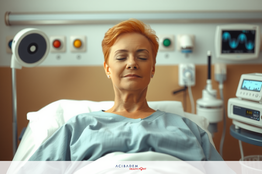 How Does Laser Surgery Lower Eye Pressure The image depicts a hospital setting with a woman lying on a bed in a medical gown, appearing relaxed. Her red hair is visible against the sterile backdrop of a hospital room equipped with medical equipment.