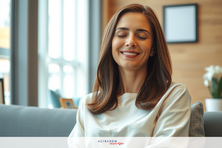 Do LASIK Eye Surgery Hurt A woman is sitting in a modern living room with her eyes closed, smiling. She appears to be experiencing happiness or relaxation. The environment is clean and brightly lit.