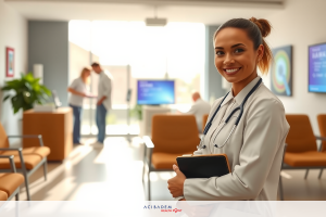 A female medical professional in a modern well-lit clinic, standing with a friendly smile. She is wearing a white lab coat and holds a clipboard. In the background, there are other people waiting and talking