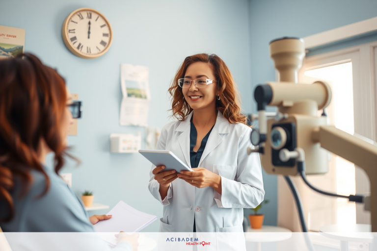 The image depicts an indoor setting, likely medical office. There are two individuals in the room: one who appears to be a patient seated , and another person standing and holding papers, possibly a healthcare professional. both of them and wearing glasses.