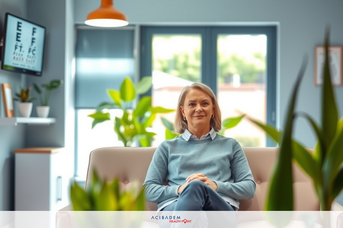 In the image, a woman is seated on a couch in an office environment. She's dressed in a blue top and has her hands crossed on her lap.