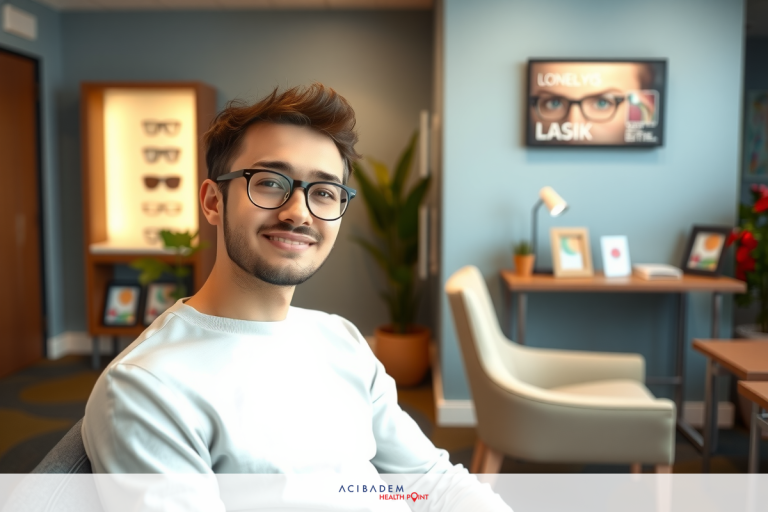 Can a 16 Year Old Get LASIK Eye Surgery? A young man in a business casual shirt, smiling at the camera, seated in an office environment. The room features a modern design with wooden elements and glass accents.