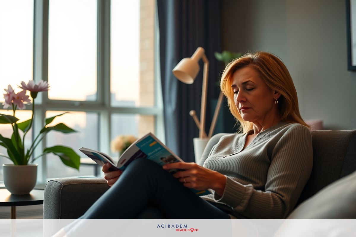 The image shows a woman sitting on a couch, engrossed in reading a book. The setting appears to be an indoor space with modern decor, featuring a comfortable living room.