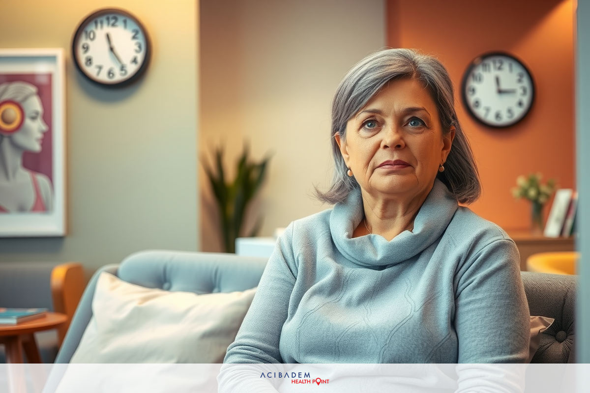 An older woman sits on a couch in an indoor setting, looking contemplative. She is dressed in a grey top and has grey hair.
