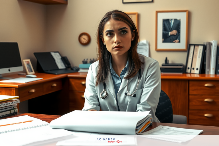 A woman wearing a white coat, possibly indicative of a medical professional like a doctor, seated at an office desk with various papers in front of her. The setting appears to be a traditional office environment with wooden furniture.