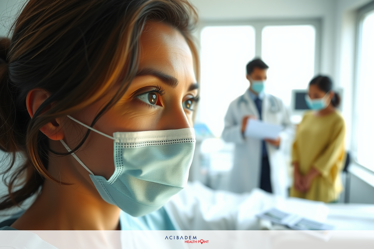 Medical professionals wearing surgical masks in a clinic. A woman patient looks up at the camera while doctors discuss her health.