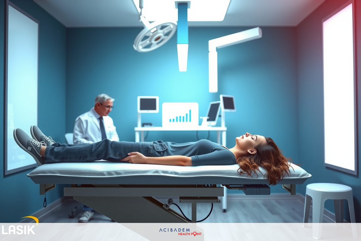 The image shows a medical setting with a patient lying on a hospital bed. There is a doctor sitting beside the bed, possibly examining or monitoring the patient. The environment suggests a well-lit modern medical facility, and the colors are predominantly blue and white. This context indicates a healthcare-related theme.