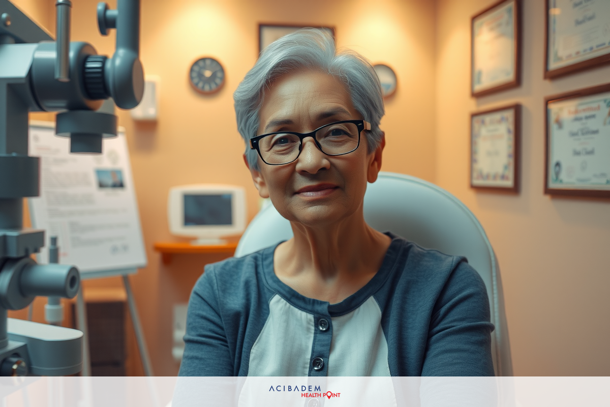 The image depicts a woman seated in an eye examination chair. She appears to be engaged in the process of an eye examination, likely at an optician's office or clinic.