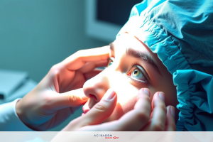 In the image, a person is in what appears to be an operating room or hospital setting. The individual has a medical mask over their face and seems to be receiving some form of medical attention. A healthcare professional's hands are near the patient's face, likely providing care or conducting an examination.