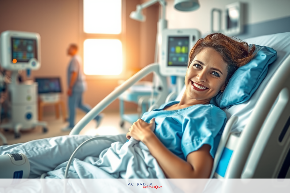 The image shows a smiling woman lying on a hospital bed. The environment suggests she is in a modern, well-equipped hospital room with medical equipment around her.