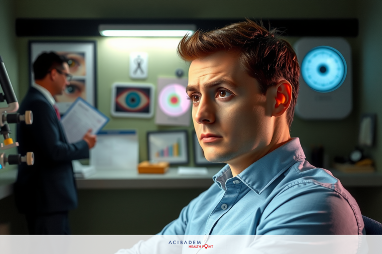 Can Laser Eye Surgery Cure Floaters? A young man with serious expression sits at a desk, looking to the left. A man in suit stands behind him, holding papers. The environment appears clinical and is possibly an office or medical setting due to equipment and documents on the desk.