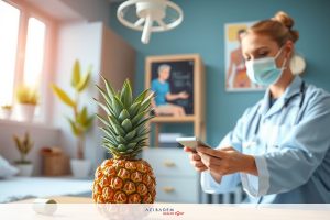 The image depicts a professional setting, likely a medical office environment. The central figure is a person wearing a medical mask, suggesting she may be a healthcare worker.