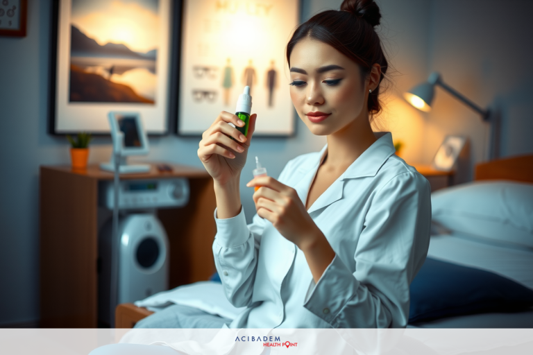 The image features a young woman in a domestic setting, possibly at home. She is wearing a long white top and seems to be examining a test strip or similar object between her fingers.