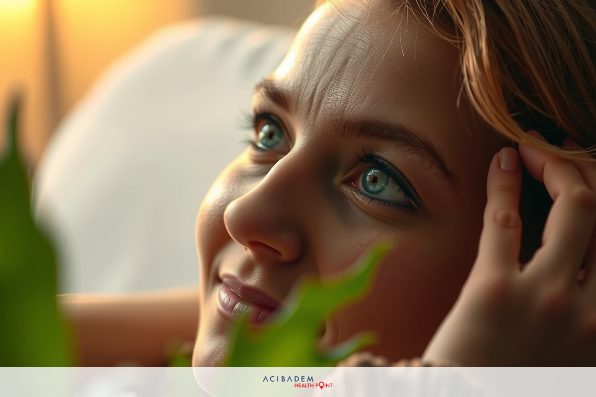 This image captures a woman with blue eyes looking away from the camera, appearing to be lost in thought or daydreaming. She is seated and leaning on her hand.