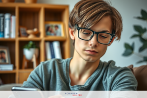 A young man with glasses is sitting in a cozy room, looking at his cell phone. He's wearing a grey shirt and appears to be focused on the screen.
