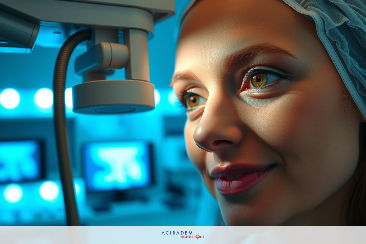 A smiling woman with blonde hair wearing an apron, working in a modern medical office with digital displays and equipment.