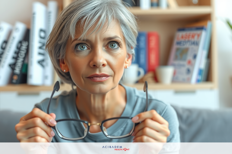 The image features a woman wearing glasses, with her hands adjusting the frames. She appears to be indoors, in a room with books and possibly other objects on shelves.