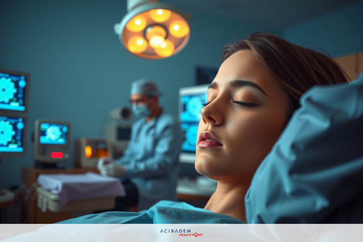 This is a medical scene with healthcare professionals and advanced equipment. A woman is lying on a hospital bed, possibly receiving medical attention or undergoing a procedure. The environment includes electronic devices such as monitors, which are typically used for patient monitoring.