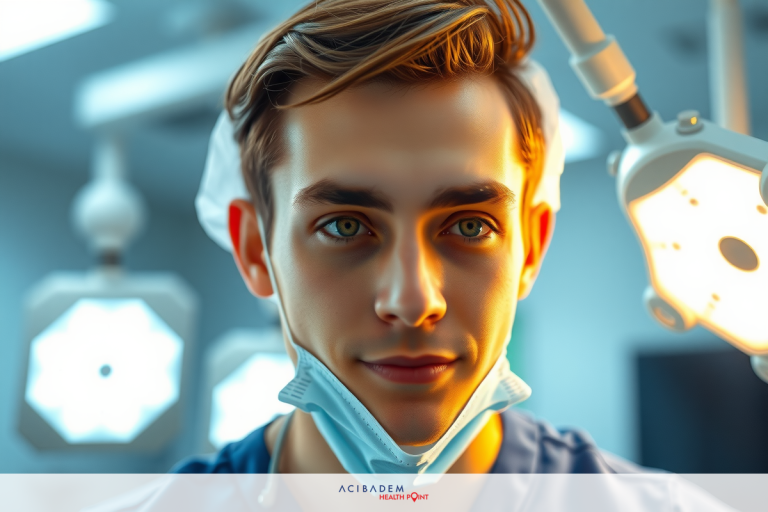The image shows a young male surgeon in an operating room. He is wearing surgical attire, including scrubs and a sterile environment suggests he is in the middle of performing a medical procedure.