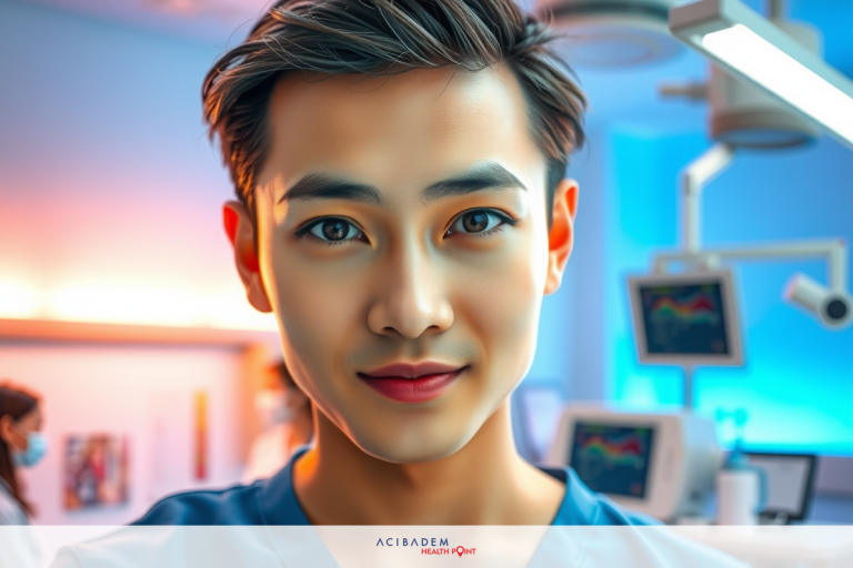 The image shows a man dressed in medical attire, likely a doctor. He is wearing scrubs and has a confident expression on his face.