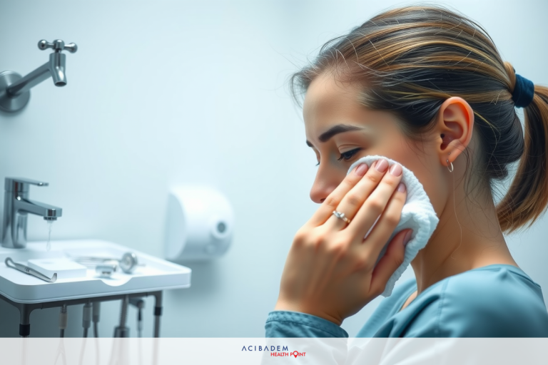 A young woman in a medical office. She is washing her face with a cloth while looking down at the sink.