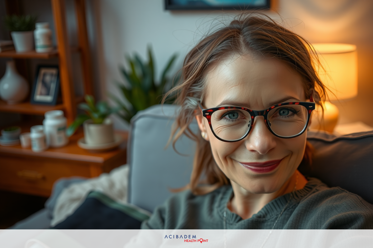 The image shows a woman seated in what appears to be a living room. She has glasses on and is smiling towards the camera.