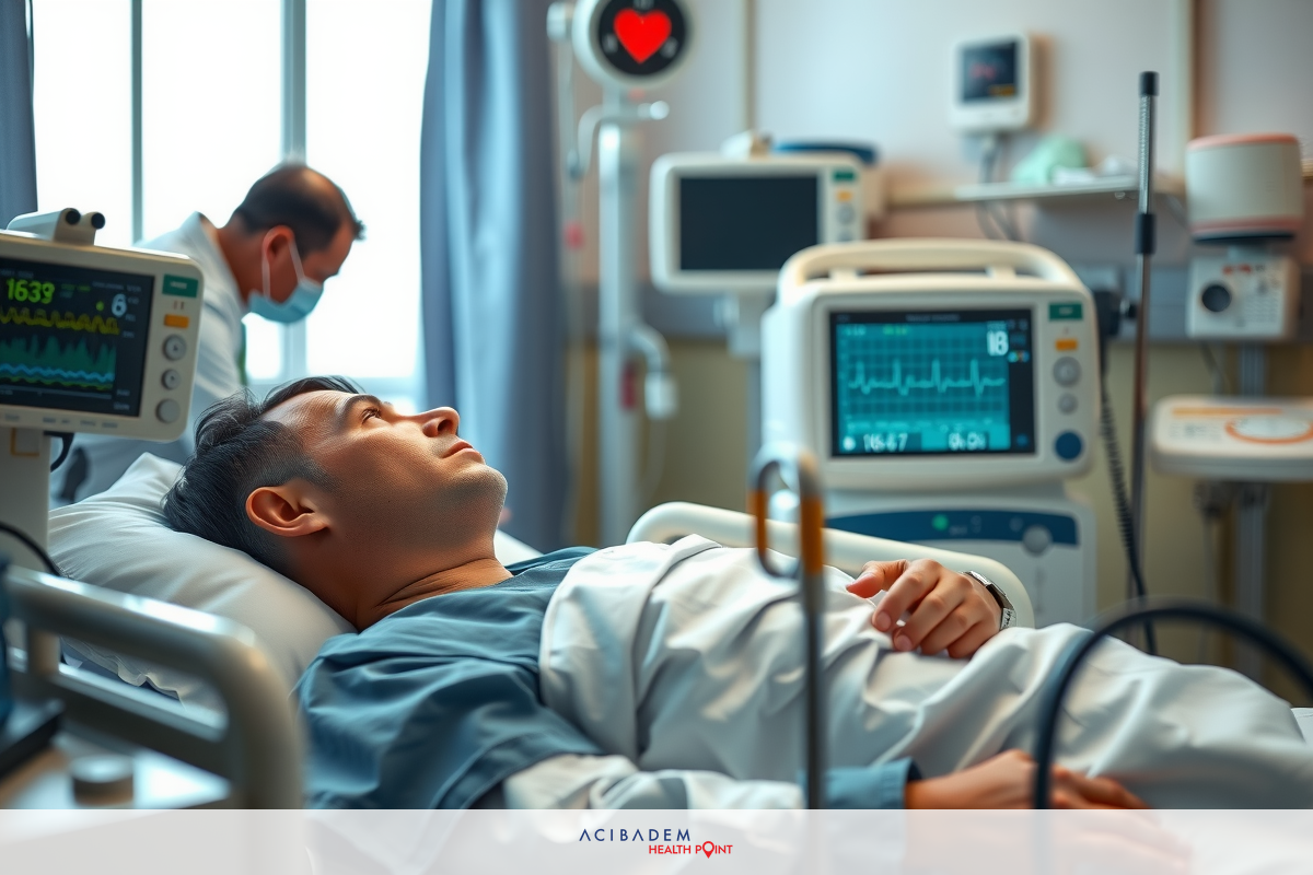 Hospital setting with a patient on a bed, connected to medical equipment. Medical staff in the background.
