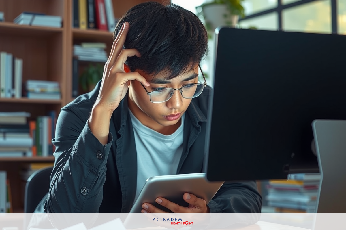 A young man with glasses is sitting at a desk working on his laptop with a monitor in front of him. He appears to be deep in thought or concentrated.