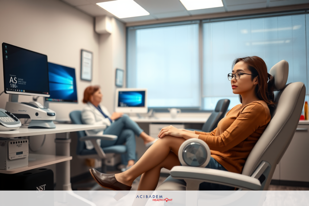 Do You Need to Wear Glasses Before Laser Eye Surgery In a professional setting, two women are engaged in conversation. One woman is seated on the right side of the frame while the other is standing to her left. Both are focused on a computer screen that shows various medical images and test results. The environment suggests a high-tech or healthcare-related office space with monitors displaying data.