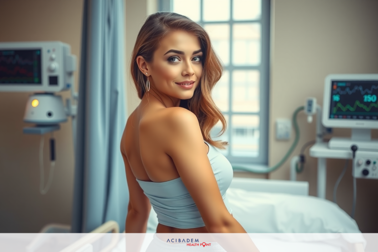 What Is a 360 BBL Surgery Woman in a hospital setting with medical equipment. She is wearing a blue tank top and standing by the bedside with her back to the viewer.