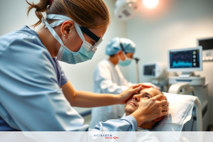 In a modern medical setting, two surgeons in sterile attire perform a procedure. One is holding surgical instruments while the other administers anesthesia to a patient seated on a hospital bed.