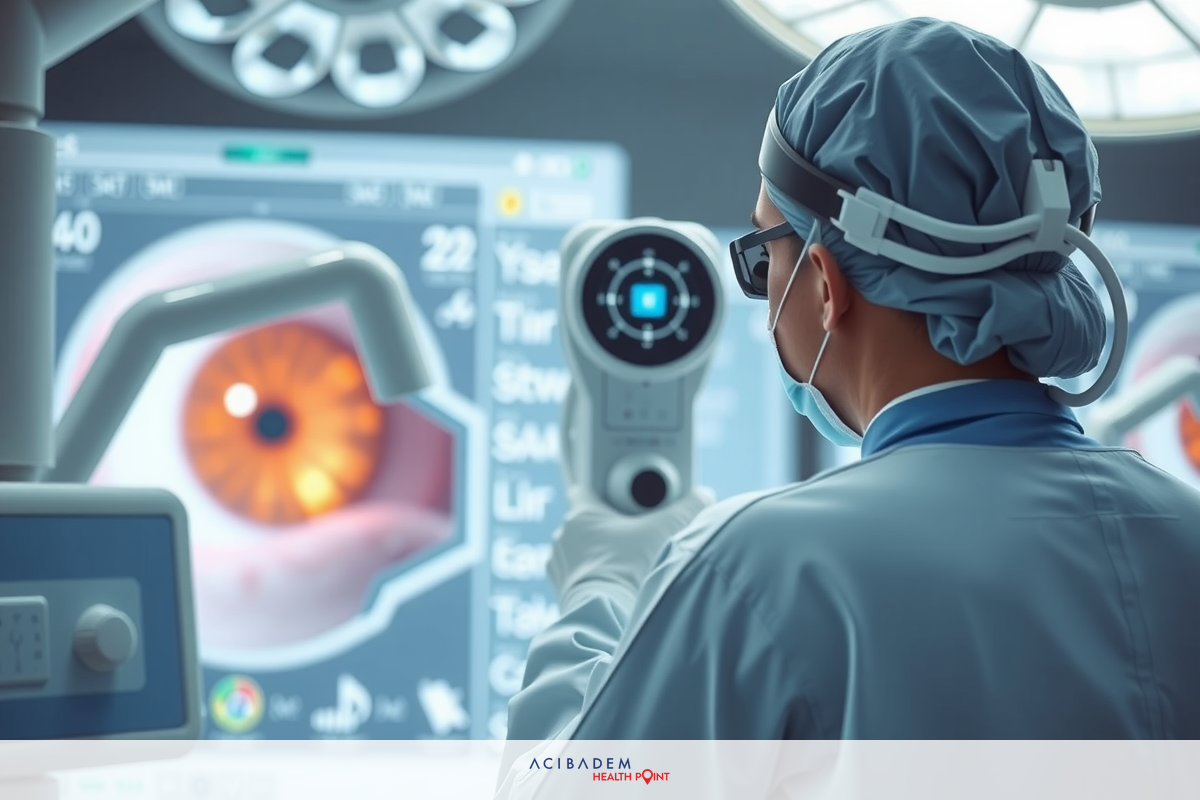 In a high-tech environment, a surgeon in blue scrubs is using advanced technology for precision medical procedures. The surgeon is seated at an operating table with digital screens and equipment around. The key visual elements are the sterile setting, the medical equipment, and the focus on precision and innovation in healthcare.