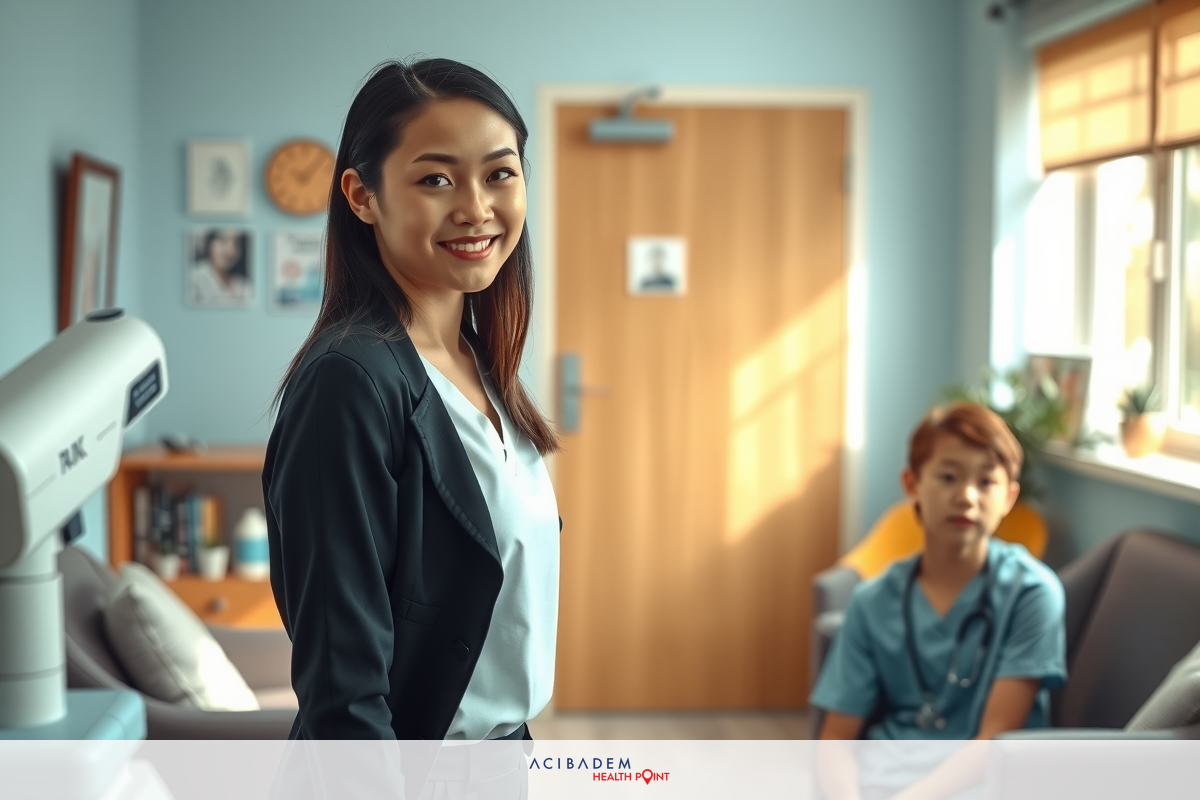 A woman stands in a modern doctor's office, wearing casual clothes and smiling at the camera. A doctor sits in the back seat, a stethoscope around his neck. The two are interacting, presumably for an examination.