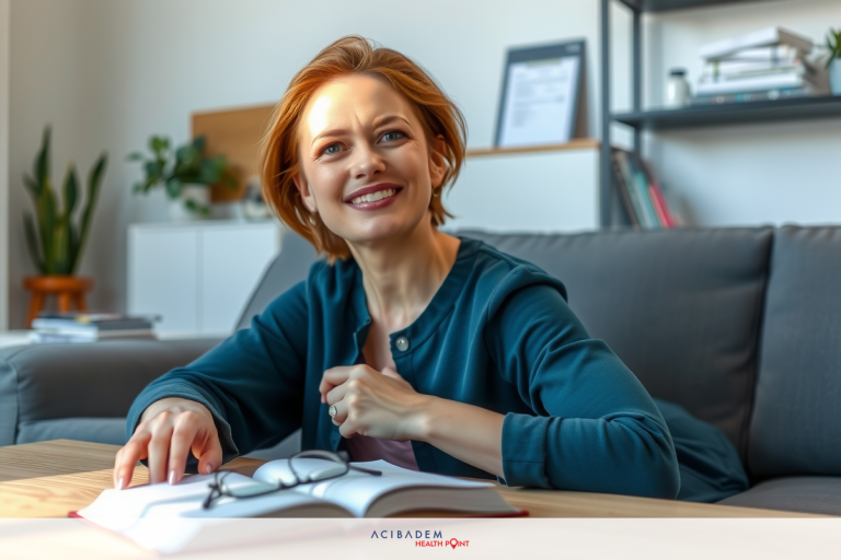The image depicts a woman sitting on a couch in her living room reading a book. She is wearing a dark top and looking away from the camera. The setting evokes a modern, comfortable home setting, with soft lighting that highlights the warm tones of the books in front of her.