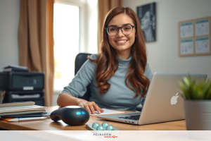 The image shows a young woman sitting at an office desk. She has long, wavy hair and is smiling towards the camera. Her professional attire includes a grey sweater.