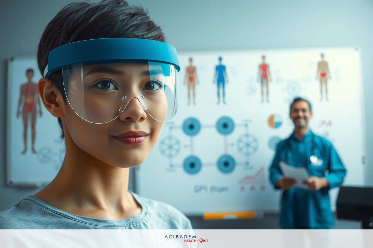 The image features a young woman wearing safety goggles and a helmet. She is seated at a desk with a man standing behind her, looking down at some papers.