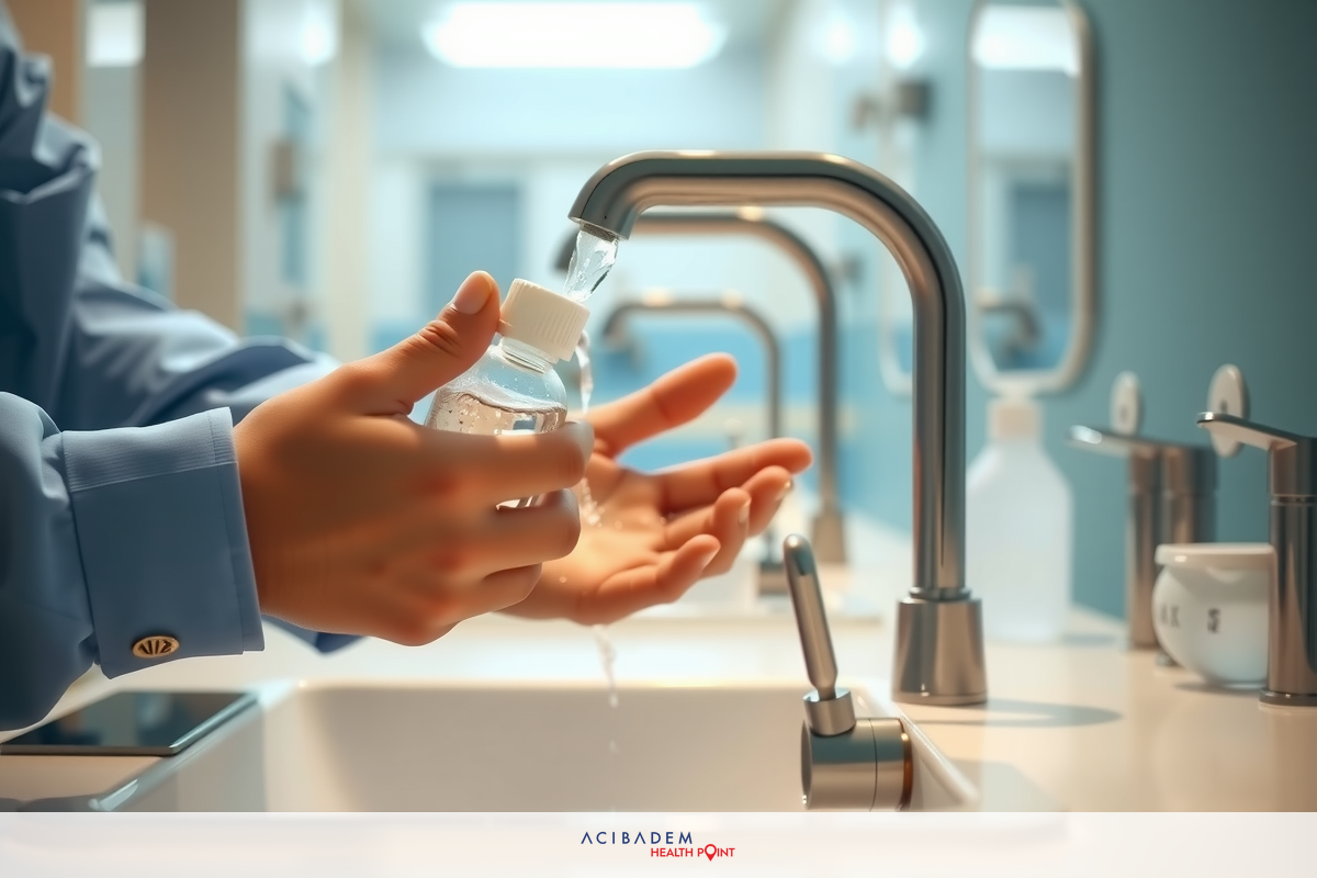 Close-up of a person washing hands at a bathroom sink, using hand soap and water, in a clinical setting. The focus is on hygiene practice in healthcare or similar environment.