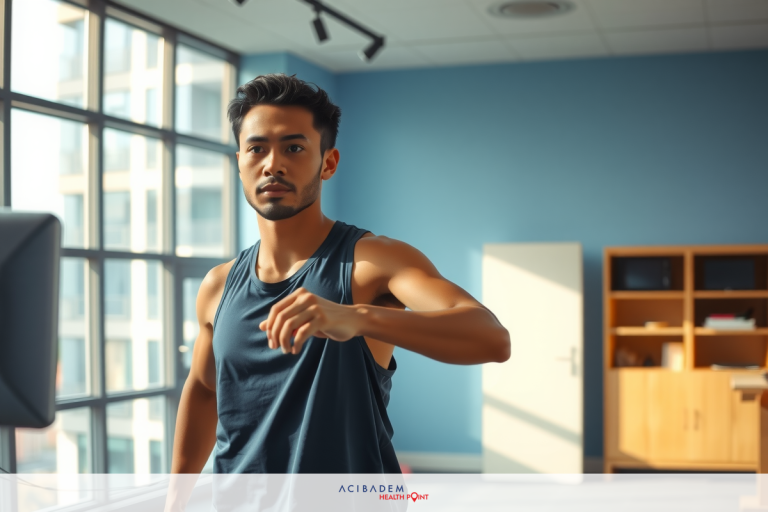 The image shows a young man inside an office gym. He is wearing a tank top and shorts, engaged in physical exercise. The environment appears to be that of a modern workplace with bright lighting and an indoor setting.