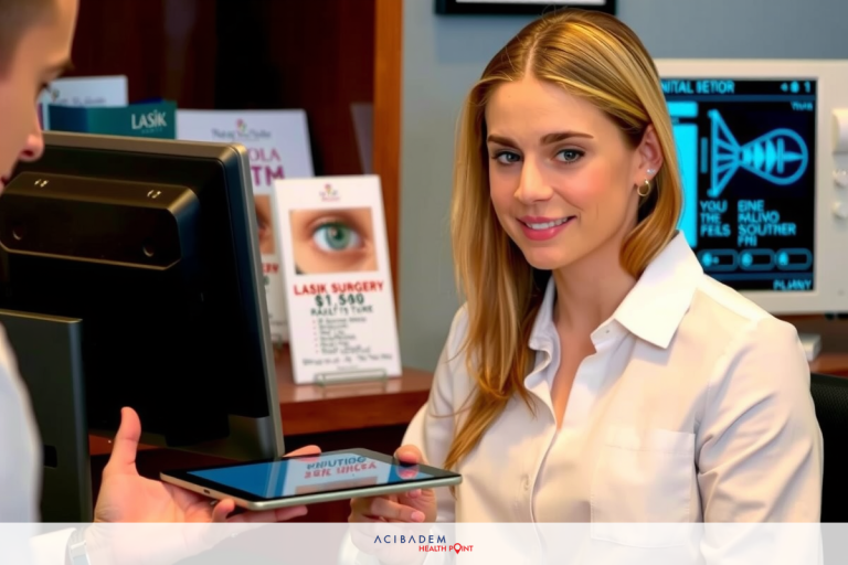 The image shows a scene inside what appears to be an optician's office. A woman is seated at the counter, looking directly at the camera with a slight smile on her face. She has long blonde hair and is wearing a white shirt. Across from her stands a man dressed in professional attire, holding out a tablet towards her for inspection.