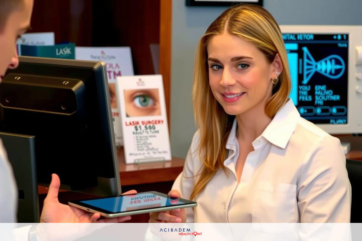 The image shows a scene inside what appears to be an optician's office. A woman is seated at the counter, looking directly at the camera with a slight smile on her face. She has long blonde hair and is wearing a white shirt. Across from her stands a man dressed in professional attire, holding out a tablet towards her for inspection.