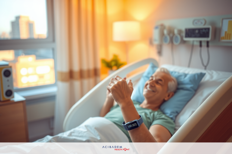 The image shows an elderly person lying in a hospital bed, smiling and appearing to be engaged with a digital device. The individual is wearing a wristwatch. There are medical devices like ventilators visible in the background. The room has a bright, airy feel due to the large window allowing ample natural light.