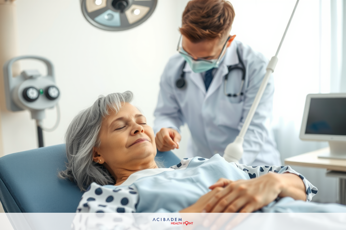 The image shows a medical setting with an older adult lying on a hospital bed. A healthcare professional, possibly a nurse or doctor, is attentively monitoring the patient's condition. The environment appears to be well-lit and clean, typical of a modern hospital or clinic.