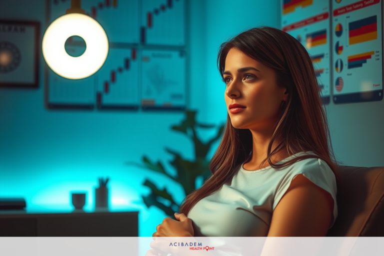 The image features a young woman seated in an office environment. She is dressed professionally, wearing a blouse and sitting on an office chair at a desk with a lamp to her side. The room has a modern feel with sleek furnishings and multiple screens displaying charts and graphs, suggesting a corporate or business setting.
