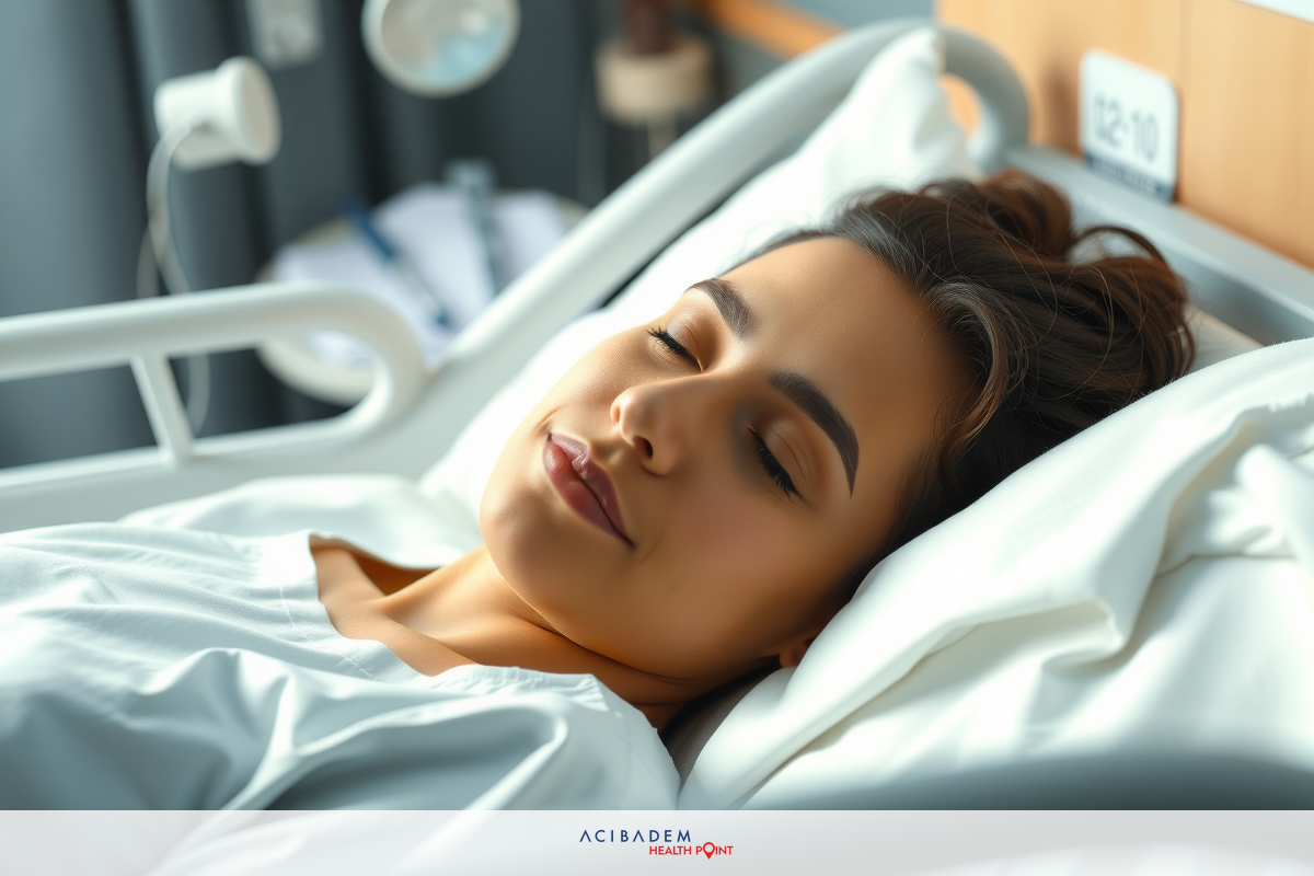 The image features a woman lying in a hospital bed. She appears relaxed and is resting with her eyes closed. The room has medical equipment, suggesting she's in a clinical setting.