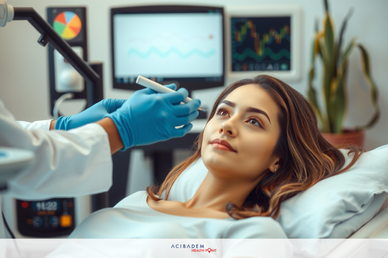 Can You Have a General Anaesthetic for Laser Eye Surgery? A woman receiving medical attention in a hospital setting. A healthcare professional is conducting an eye examination, possibly related to laser treatment. Monitors and medical equipment are present behind the patient.