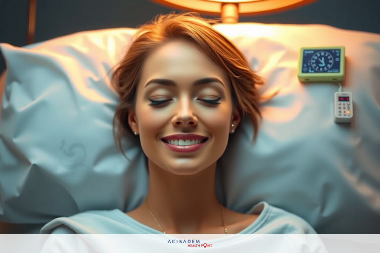 A woman is lying down in a hospital bed with her eyes closed, smiling. She appears relaxed or at ease. The room has medical equipment near her.