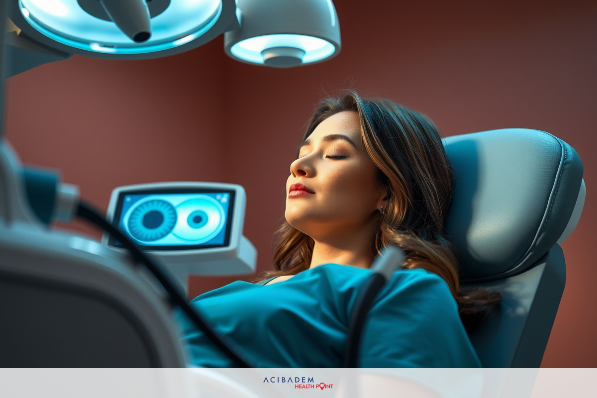 A woman in a medical gown lying on an MRI machine. The machine is large and has a monitor screen above the patient's head. The patient appears to be resting with her eyes closed, possibly during a medical procedure or scan.