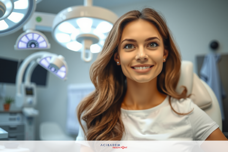 In the image, a young woman is seated in a medical chair inside an office with medical equipment. The room has a clean and sterile environment, typical of a modern medical clinic.